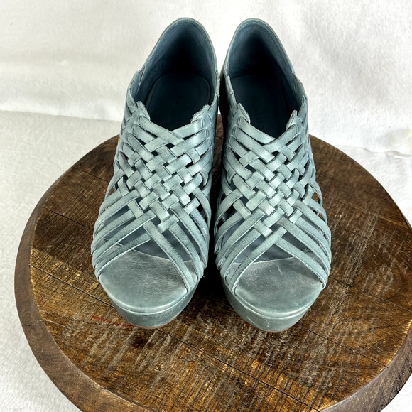 Chocolat Blu Wedge Sandals 9.5 Turquoise Leather Woven Slip On Open Toe - Picture 4 of 12